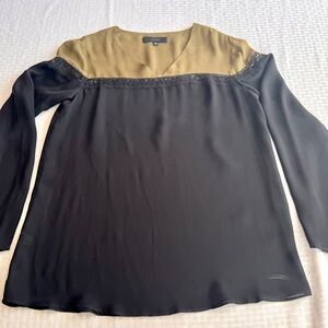 Nonoo New York Silk Blouse Size 10 Black Tan/Green Lace Long Sleeve
